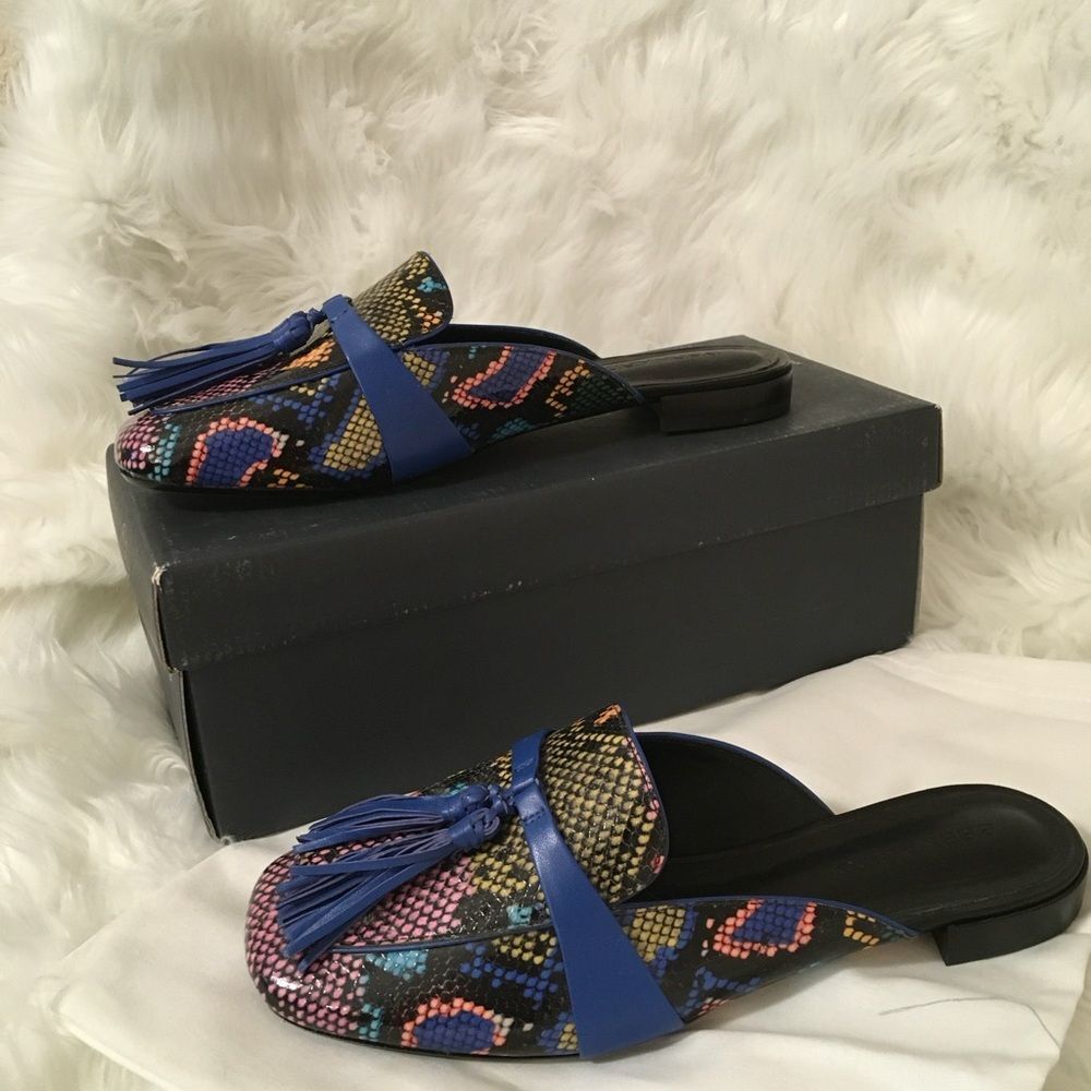 New Bernardo Women’s Cobalt Calf Dori Patterned Tassel Leather Slip On Mules 8M